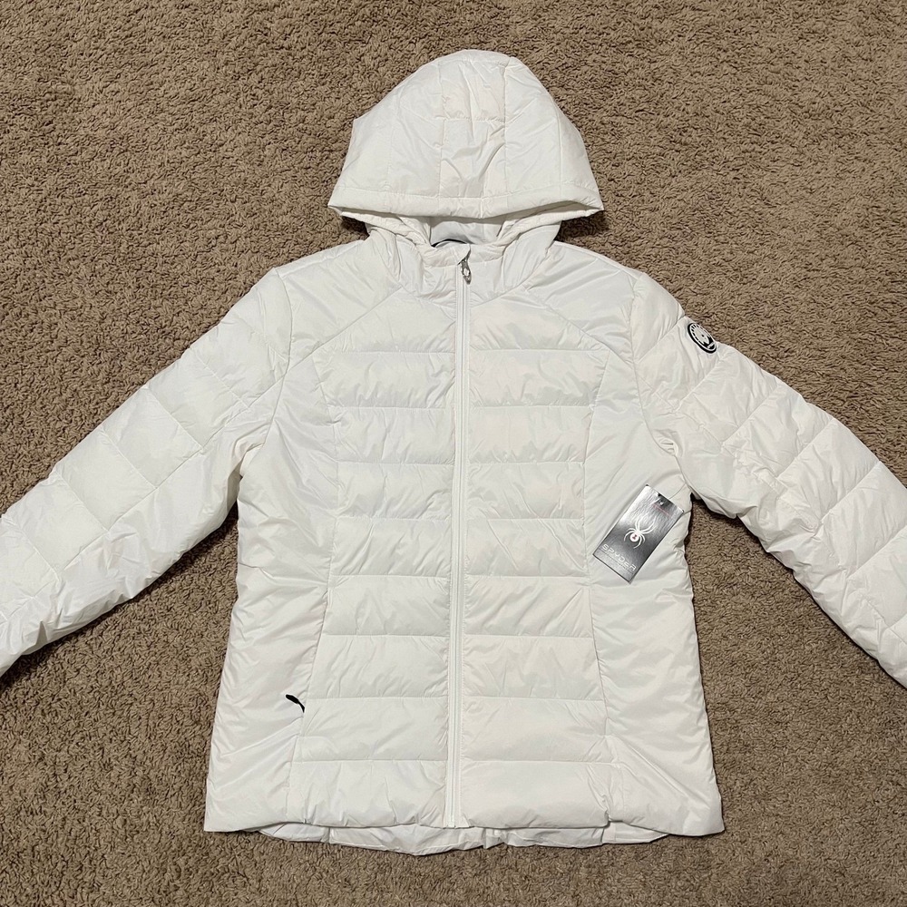 Spyder‎ Puffer Jacket Womens Large Bright White Hooded Quilted Full Zip Ski NEW